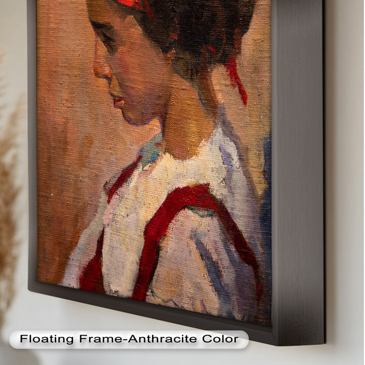 Crimson Reverie – Side Portrait of a Girl in Red Headband Oil Painting