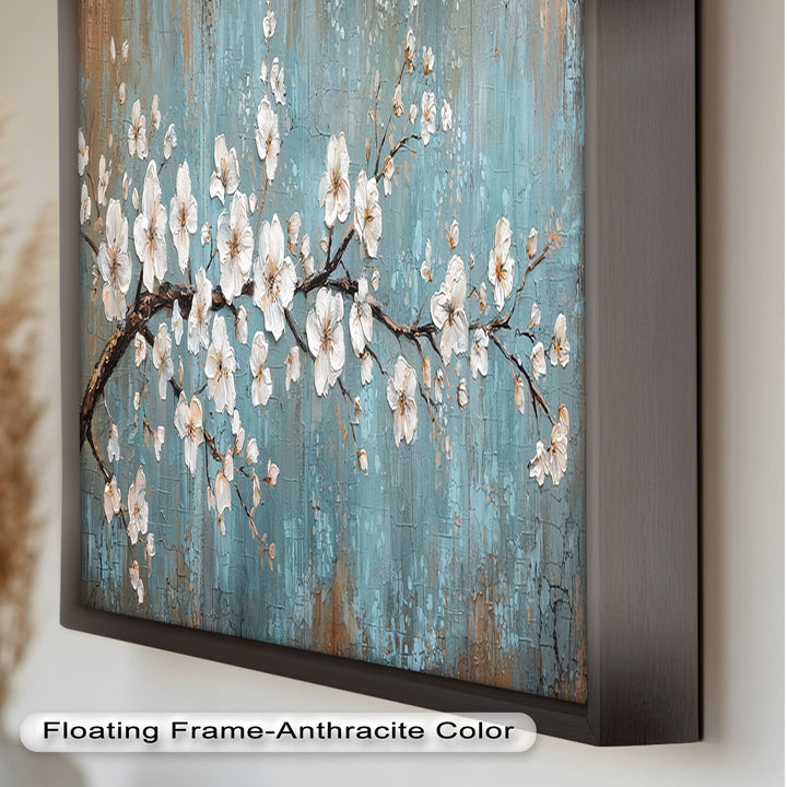 White Blossoms on Blue Textured Branch - Flower Oil Painting