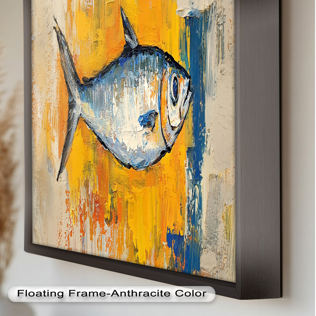 Blue Fish on Vibrant Yellow Background - Animal Oil Painting