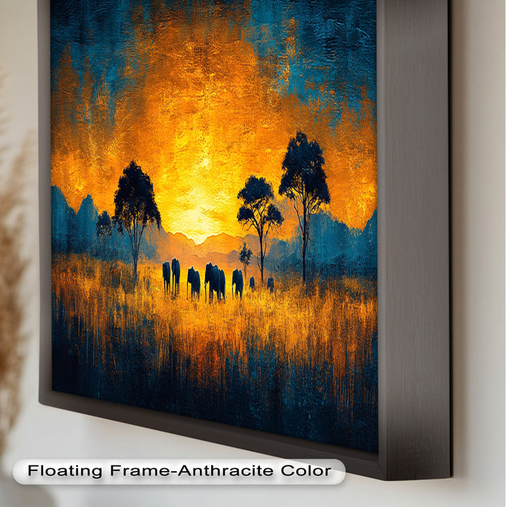 Golden Savannah Sunset – Elephant Silhouette Oil Painting