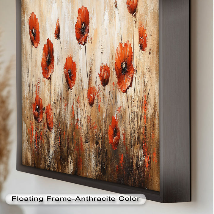 Red Poppies in Earth-Toned Harmony - Flower Oil Painting