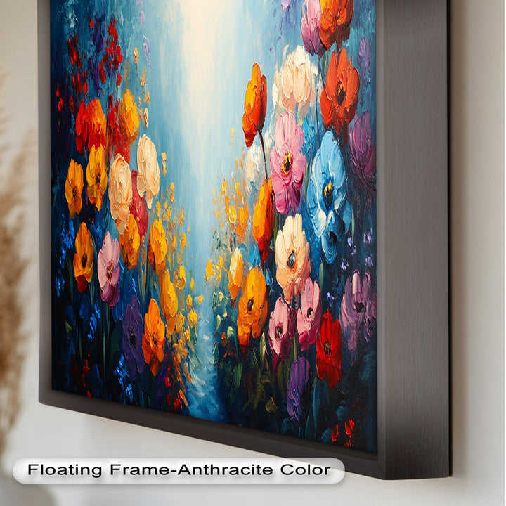 Multicolor Blossoms in Blue Radiance - Flower Oil Painting