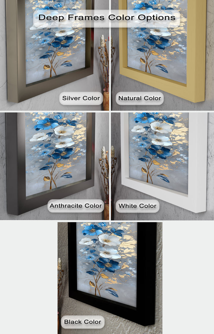 Blau-weiße Blüten Wandkunst – Blumenölgemälde