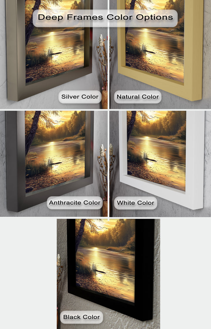 Ölgemälde einer herbstlichen Flusslandschaft – Sonnenuntergangs-Wandkunst