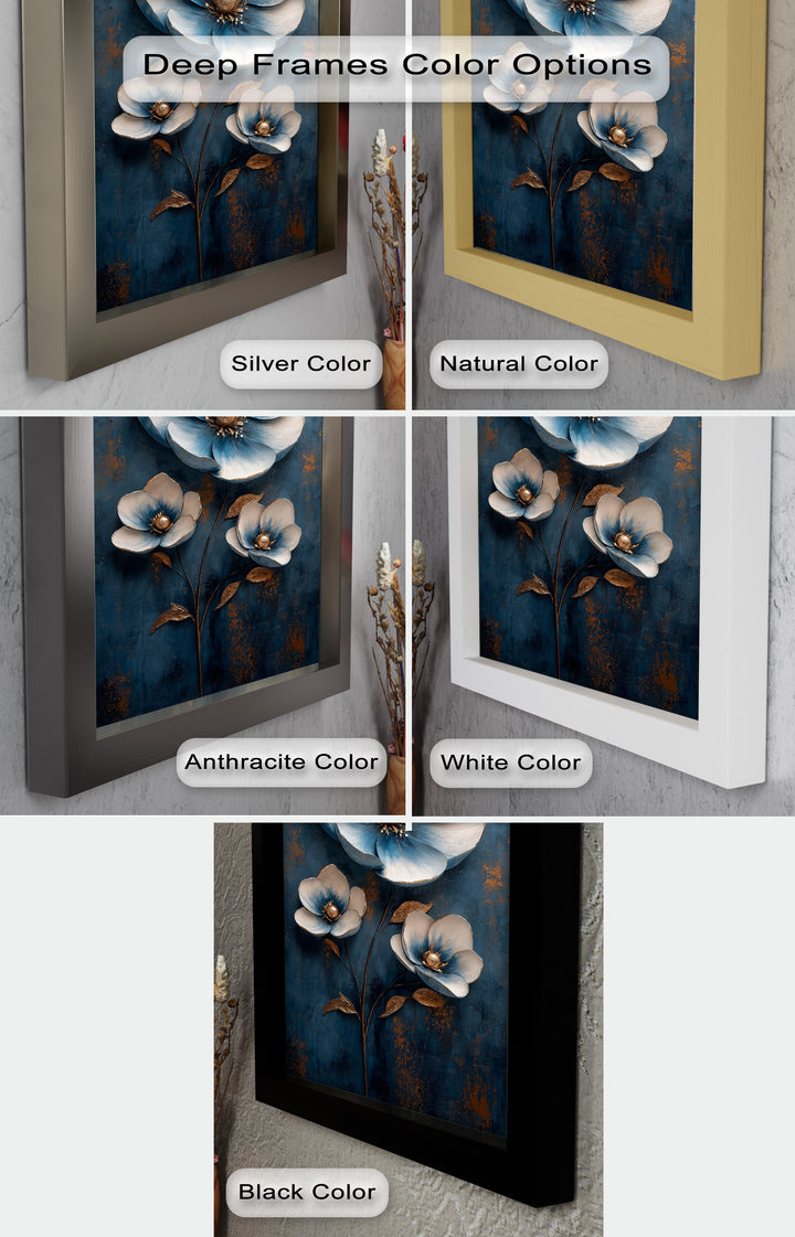Deep Blue and Metallic Floral Elegance - Flower Oil Painting