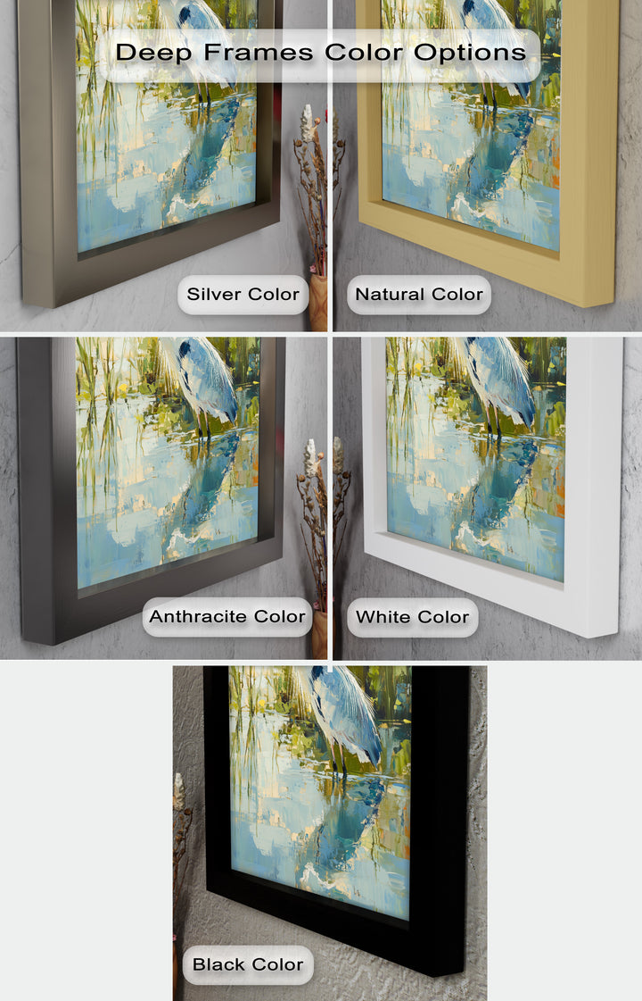 Heron Amid Textured Reflections - Animal Oil Painting