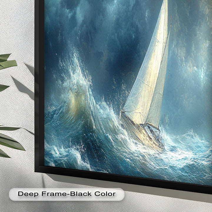 Into the Surge – Sailboat Battling Ocean Waves Oil Painting