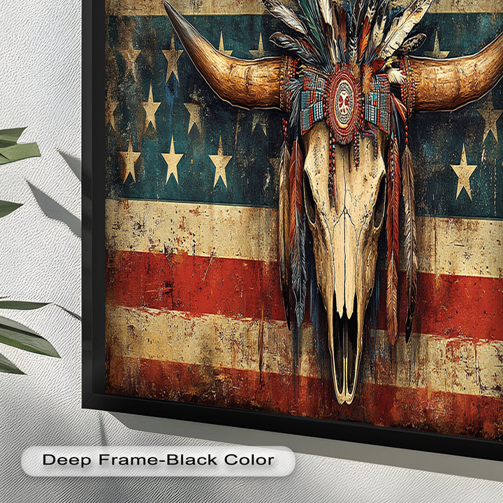 Tribal Longhorn Totenkopf mit Kopfschmuck – Amerikanisches Ölgemälde