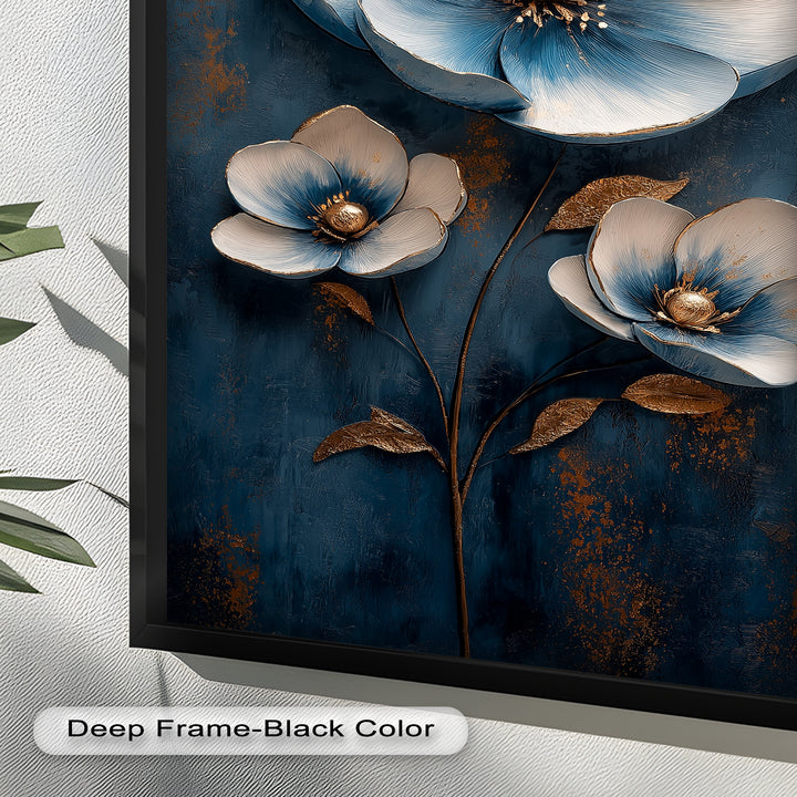 Deep Blue and Metallic Floral Elegance - Flower Oil Painting
