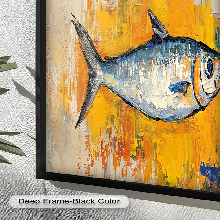 Blue Fish on Vibrant Yellow Background - Animal Oil Painting