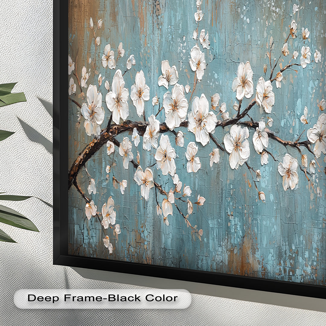White Blossoms on Blue Textured Branch - Flower Oil Painting