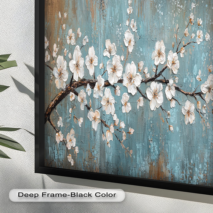 White Blossoms on Blue Textured Branch - Flower Oil Painting