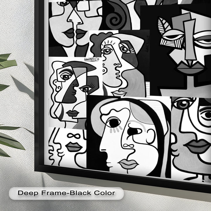 Monochrome Whispers – Collage of Cubist Faces Abstract Oil Painting