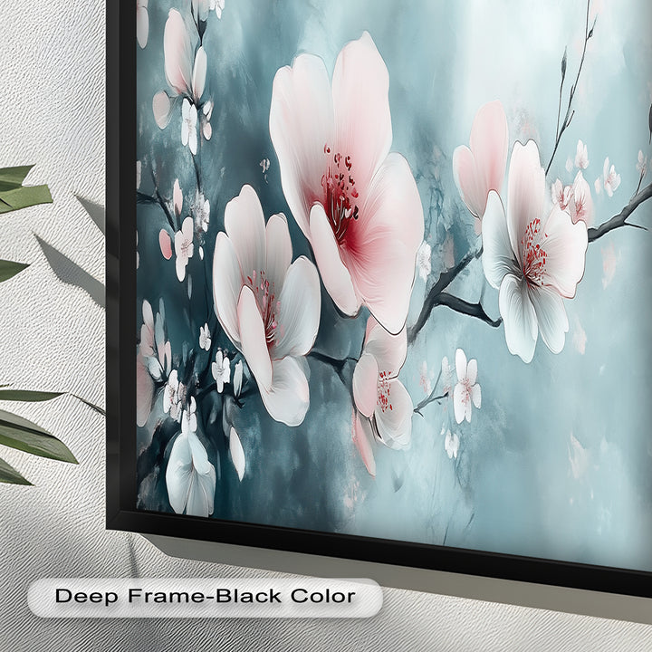 Soft Pink and White Petals on Tranquil Blue - Flower Oil Painting