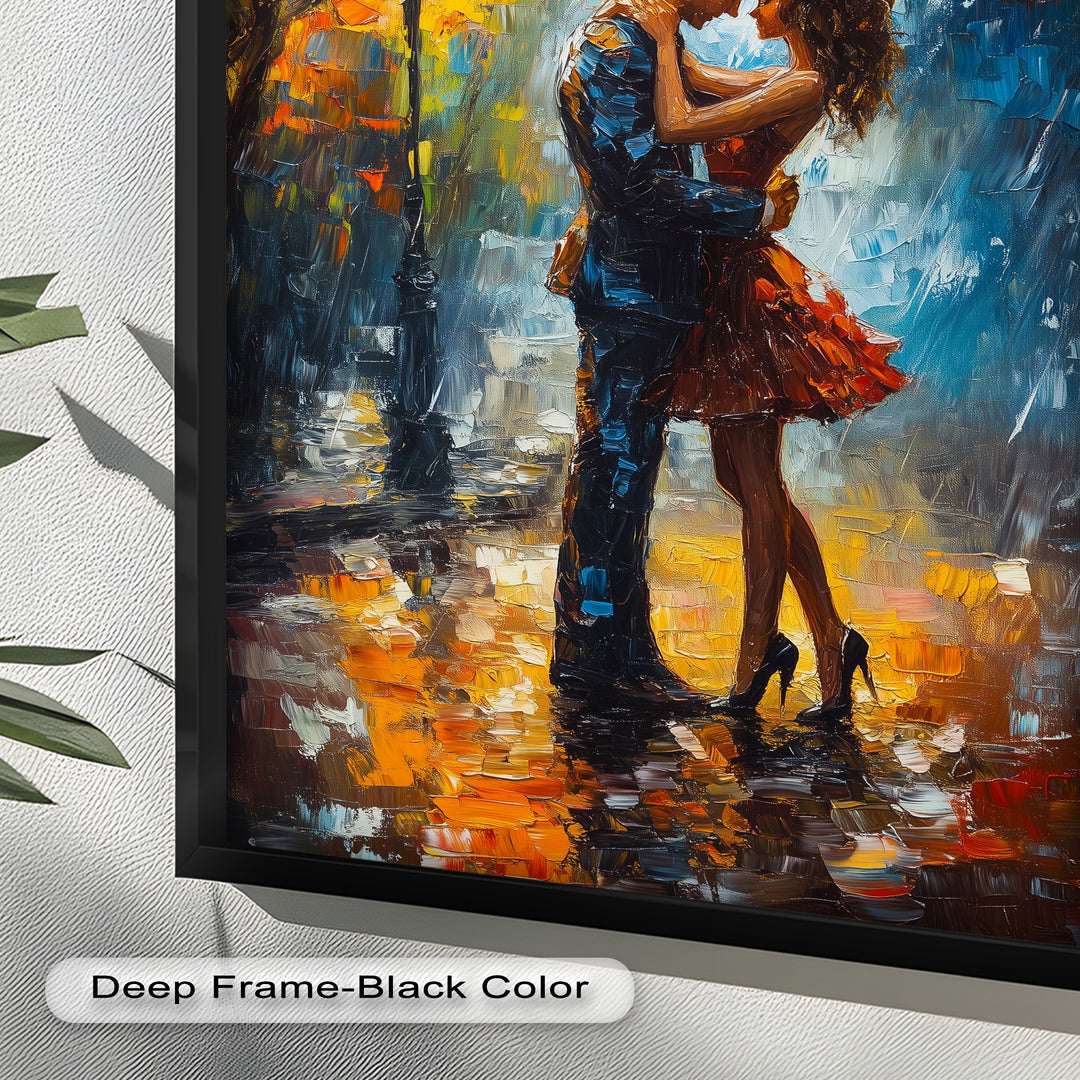 Embrace in Autumn Rain – Passionate Love Oil Painting