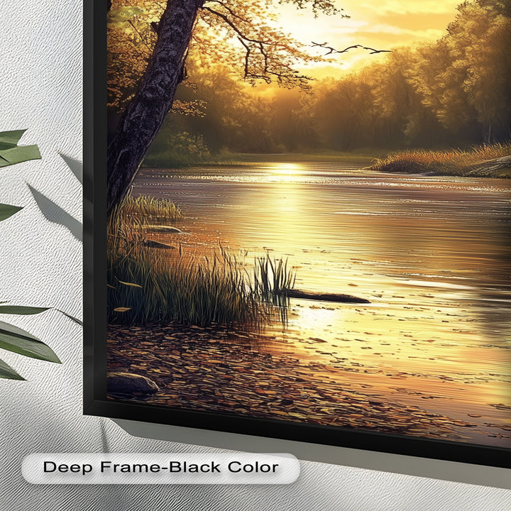 Ölgemälde einer herbstlichen Flusslandschaft – Sonnenuntergangs-Wandkunst