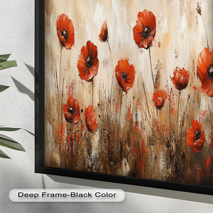 Red Poppies in Earth-Toned Harmony - Flower Oil Painting