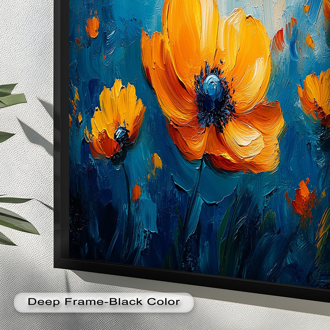 Orange Flowers on Deep Blue - Flower Oil Painting
