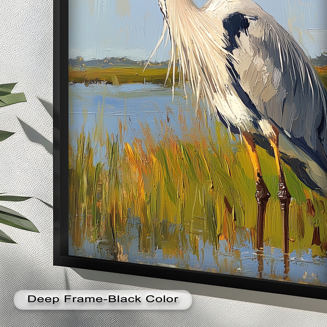 Heron in Sunlit Wetlands - Animal Oil Painting