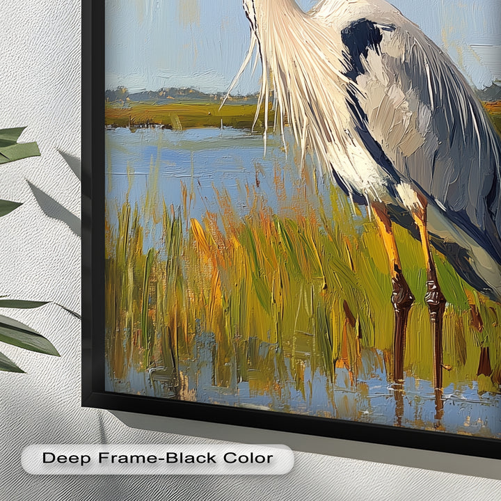 Heron in Sunlit Wetlands - Animal Oil Painting
