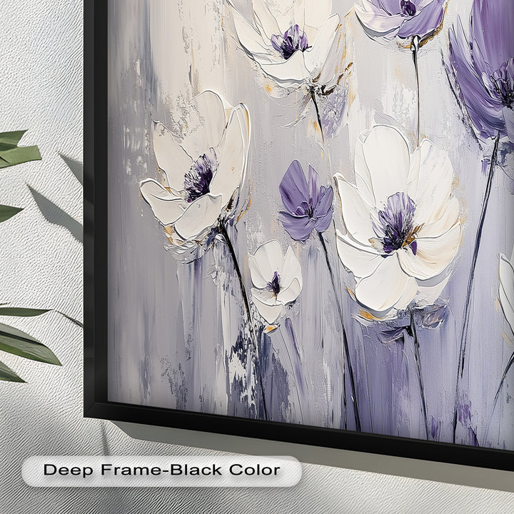 White and Purple Florals on Misty Background - Flower Oil Painting