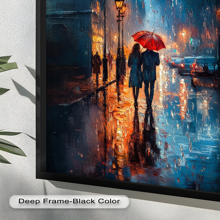 Romantic Couple in Rainy City - Love Oil Painting