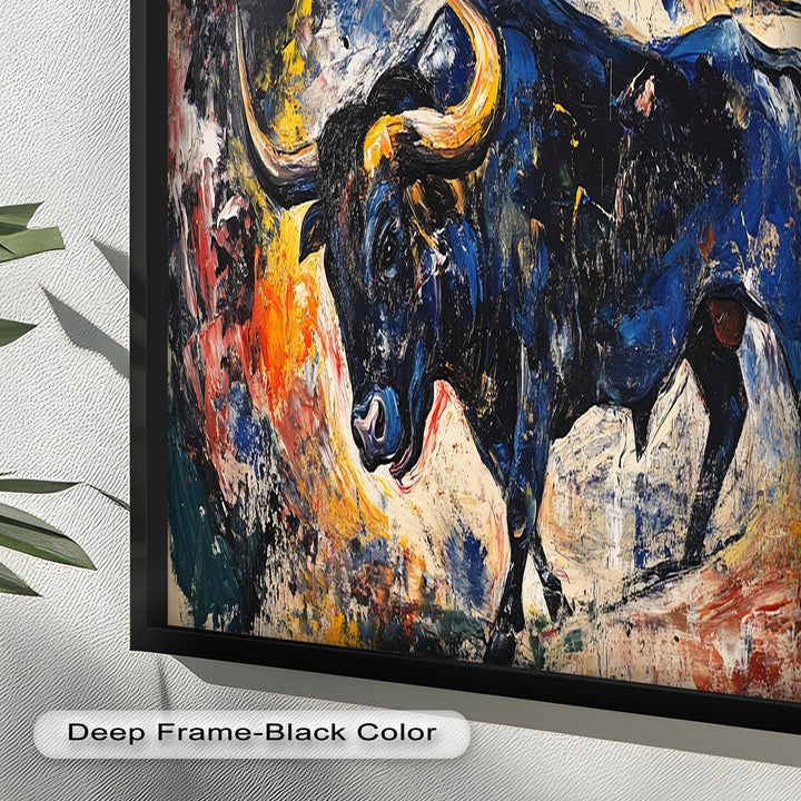 Fierce Blue Bull in Motion – Abstract Oil Painting