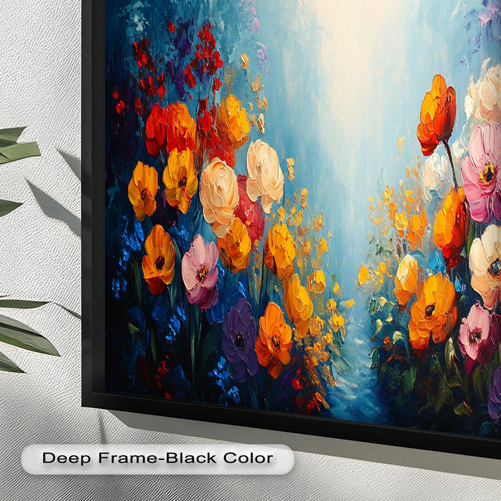 Multicolor Blossoms in Blue Radiance - Flower Oil Painting