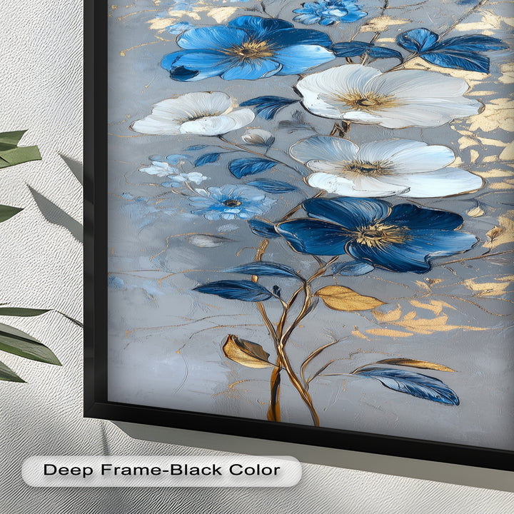 Blau-weiße Blüten Wandkunst – Blumenölgemälde