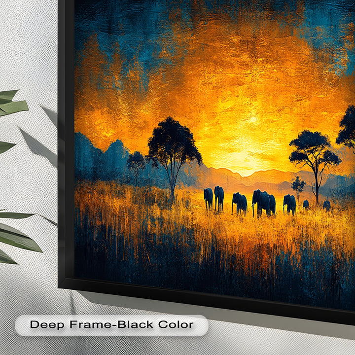 Golden Savannah Sunset – Elephant Silhouette Oil Painting