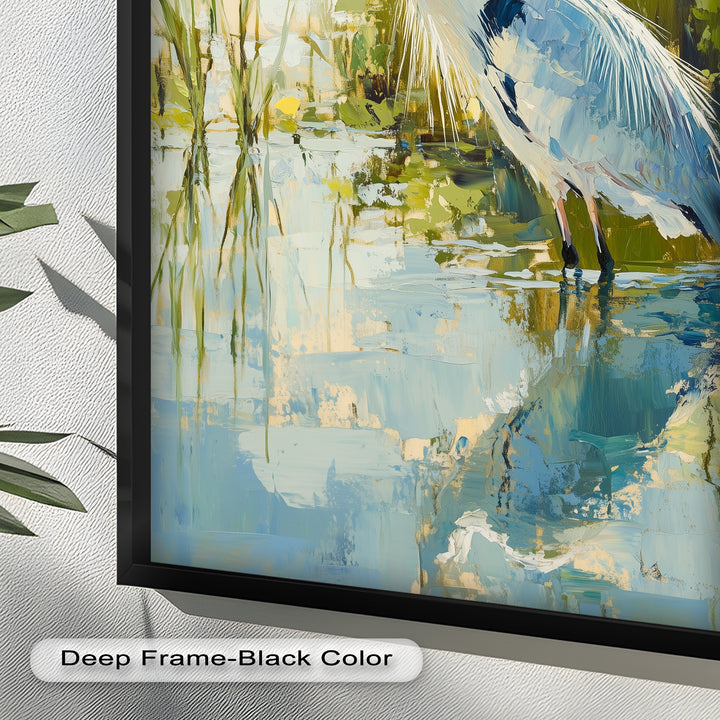 Heron Amid Textured Reflections - Animal Oil Painting