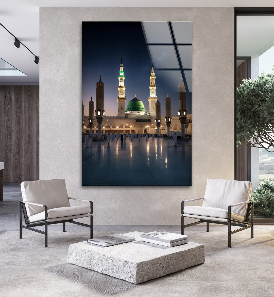 Moonlit Serenity – Prophet’s Mosque Medina Night Glass Wall Art