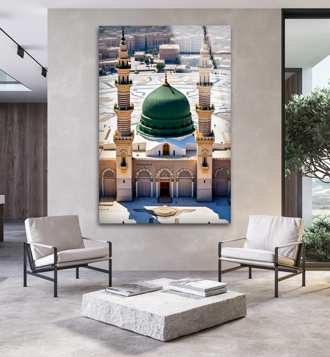 Islamic décor featuring Al-Masjid an-Nabawi on tempered glass