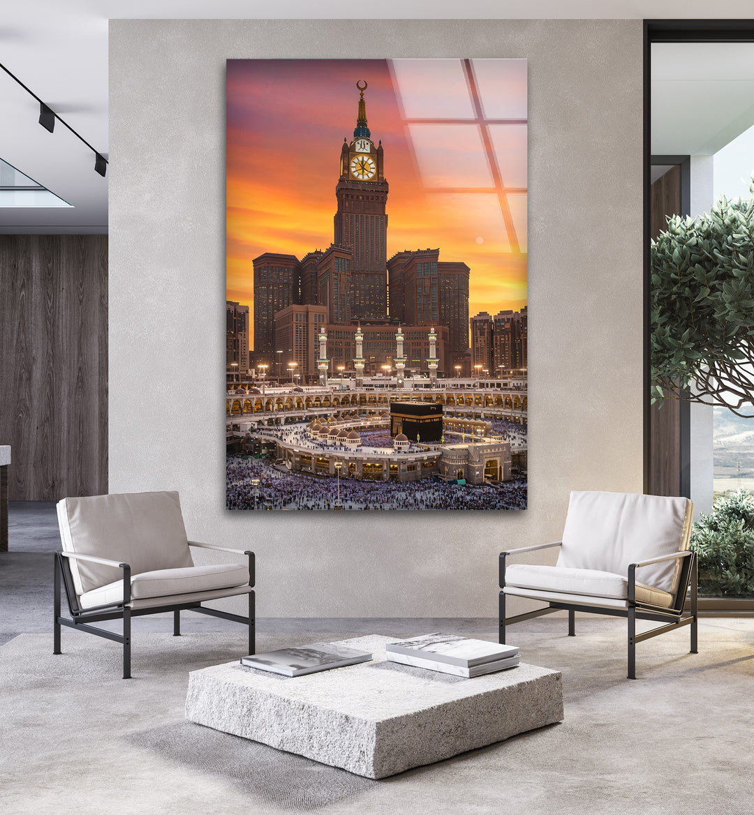 Golden Hour Majesty – Kaaba and Makkah Clock Tower Glass Wall Art