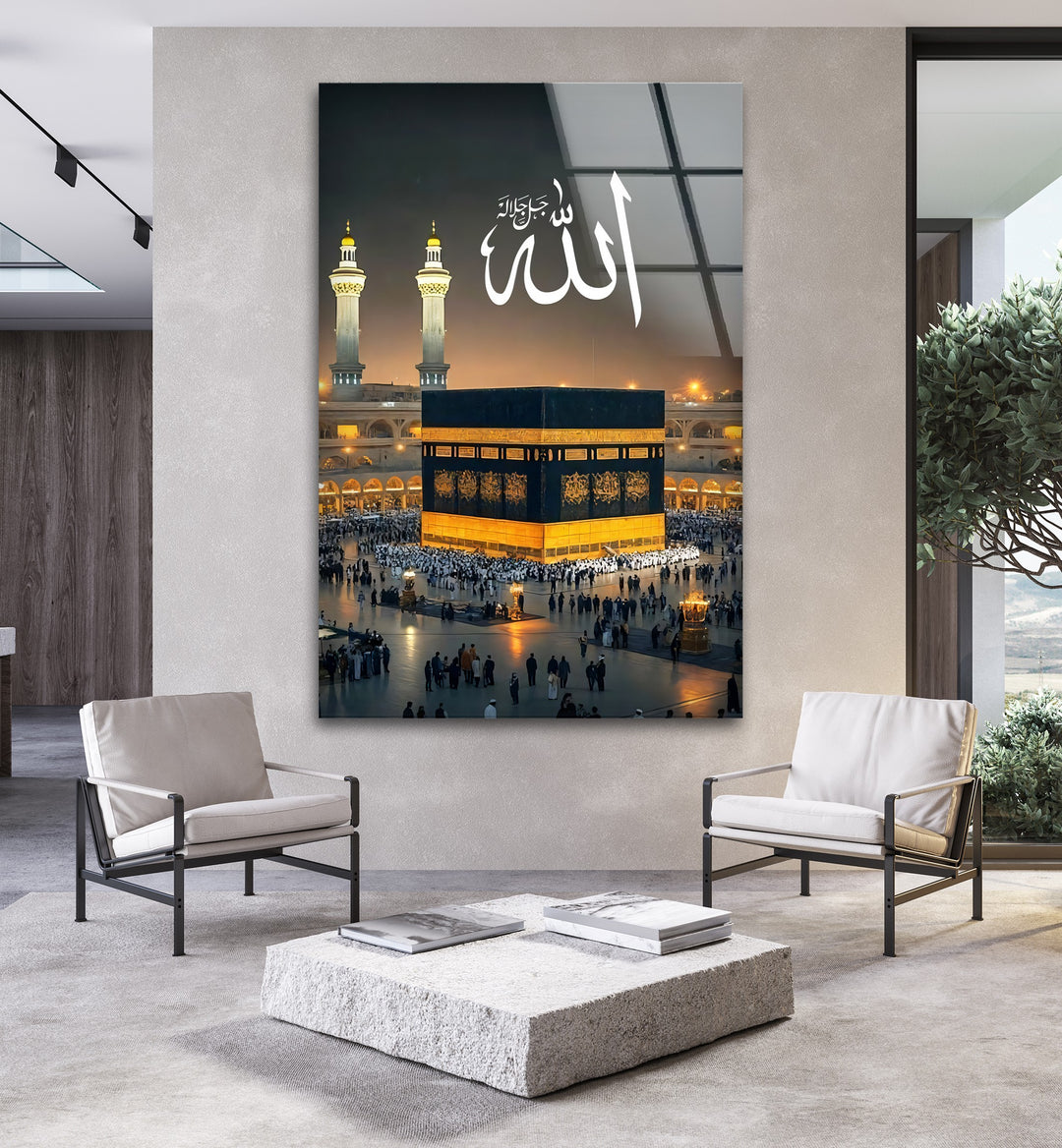 Sacred Name – Allah Calligraphy Above Kaaba Glass Wall Art