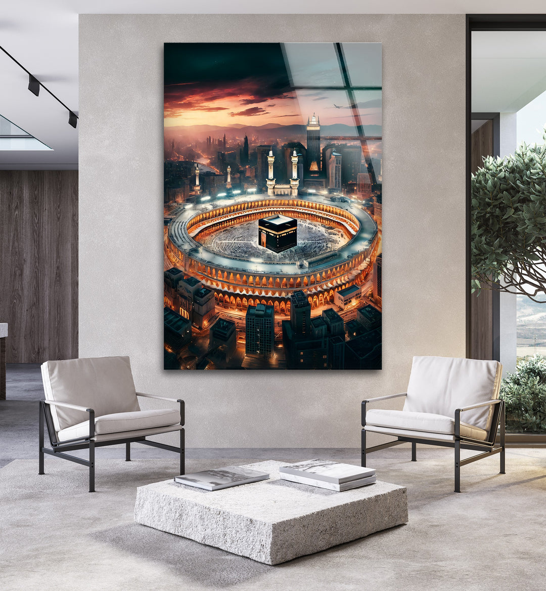 Eternal Glow of Mecca – Kaaba Skyline Glass Wall Art