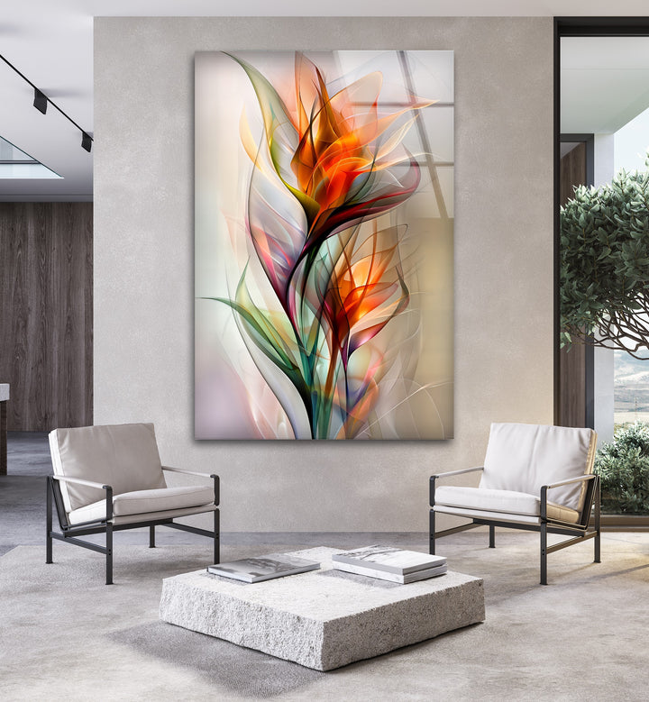 The glossy finish of this abstract floral glass wall artwork beautifully reflects light, enhancing its vibrant colors.