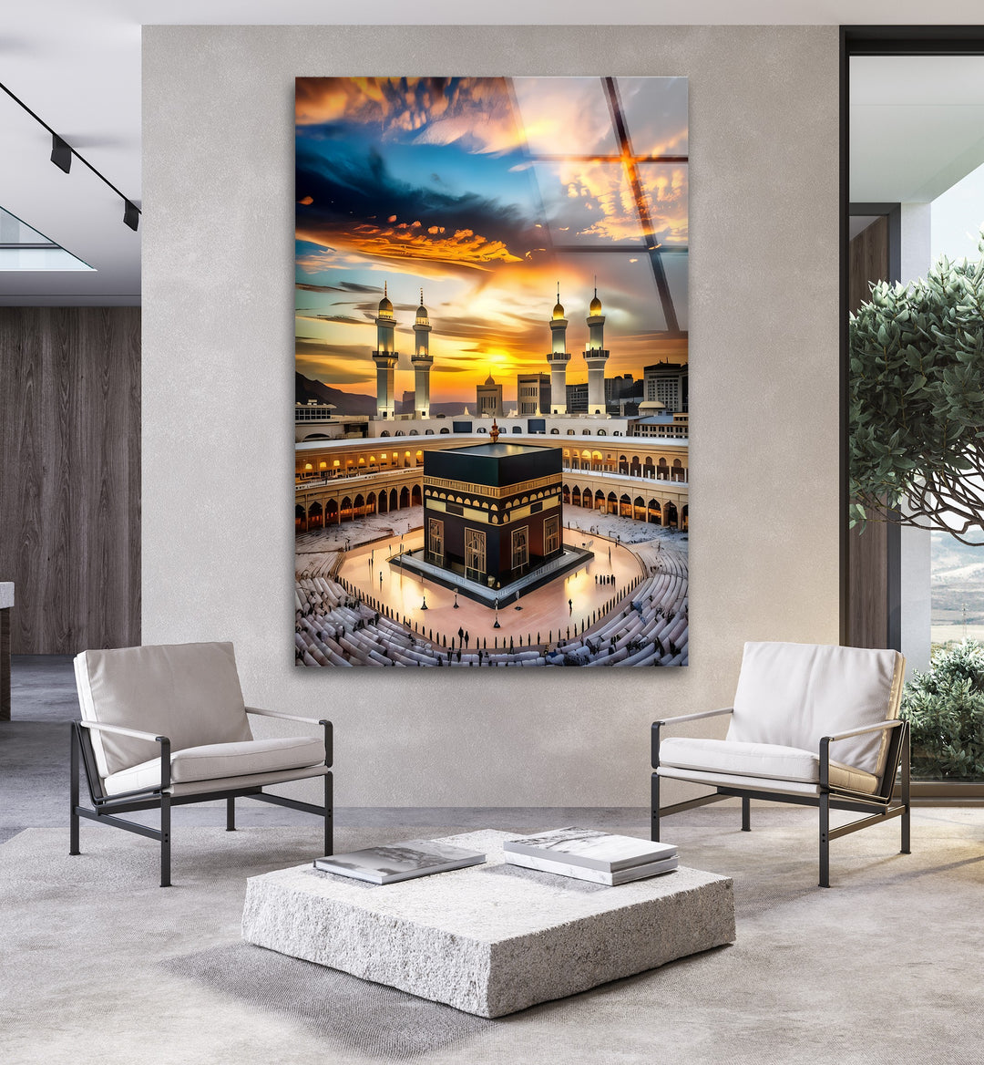 Radiant Faith – Kaaba Under Golden Sunset Glass Wall Art