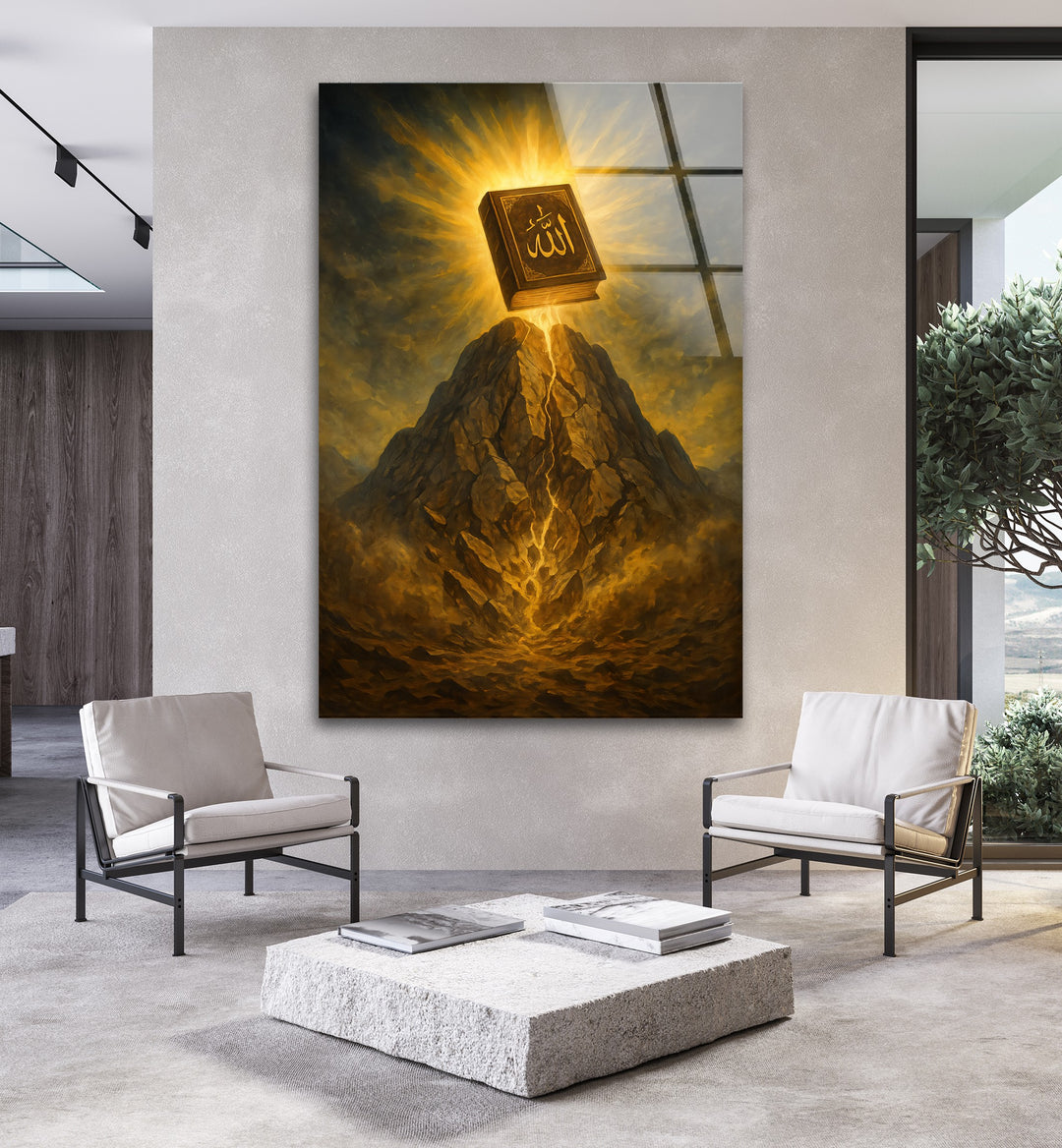 Divine Revelation – Holy Quran Light on the Mountain Glass Wall Art