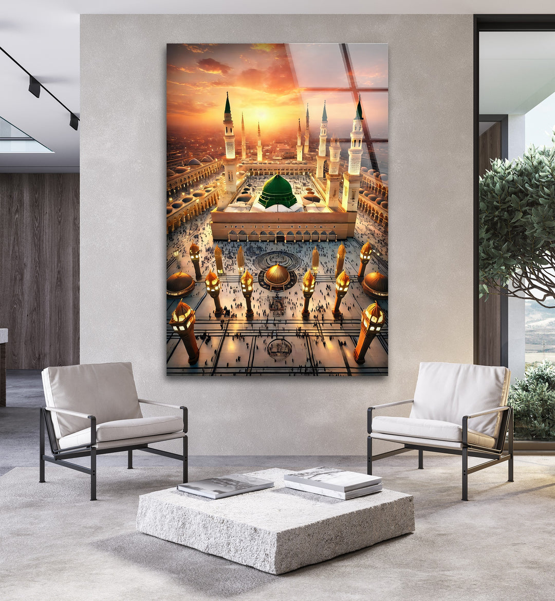 Radiant Serenity – Al-Masjid an-Nabawi Sunset Glass Wall Art