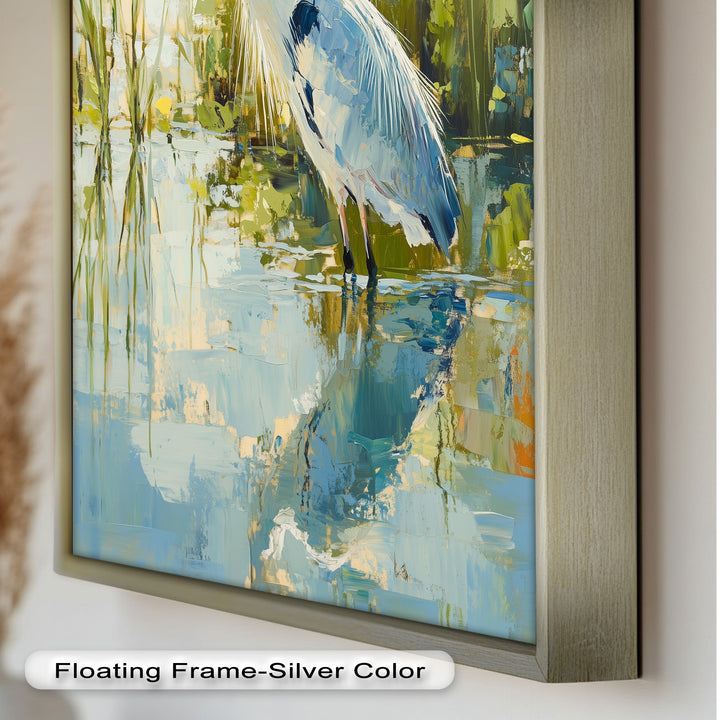 Heron Amid Textured Reflections - Animal Oil Painting