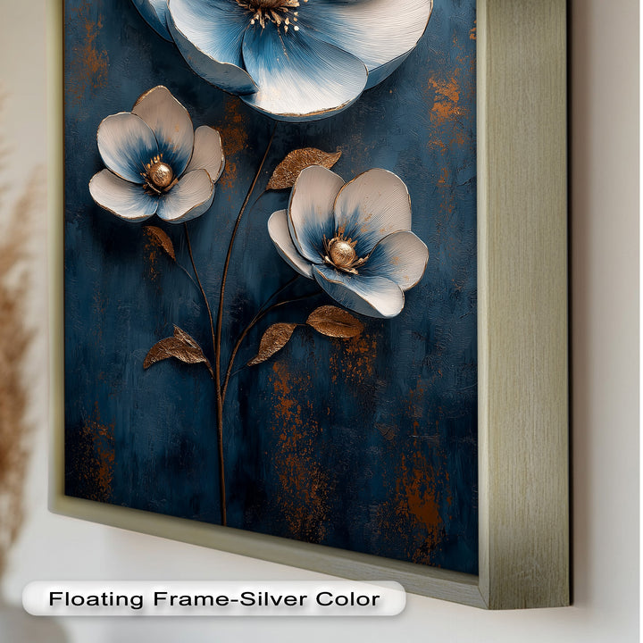 Deep Blue and Metallic Floral Elegance - Flower Oil Painting