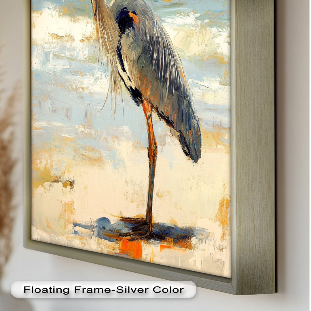 Coastal Heron with Ocean Breeze - Modern Oil Painting