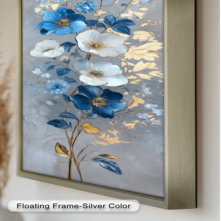 Blau-weiße Blüten Wandkunst – Blumenölgemälde