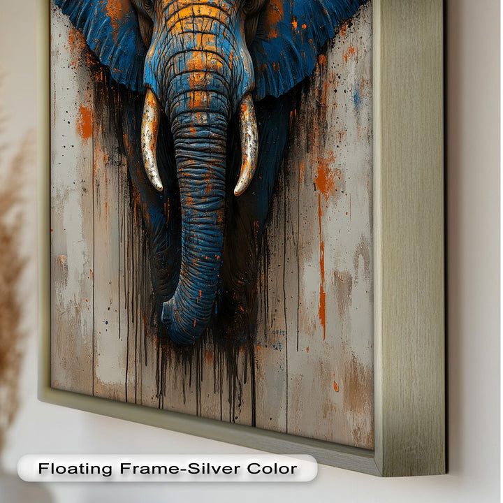 Blue and Orange Elephant Portrait - Animal Oil Painting