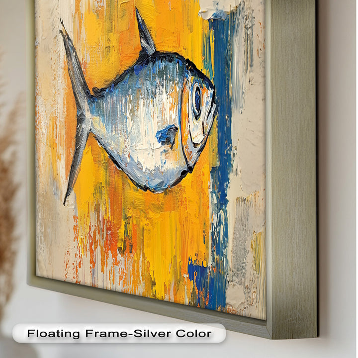 Blue Fish on Vibrant Yellow Background - Animal Oil Painting