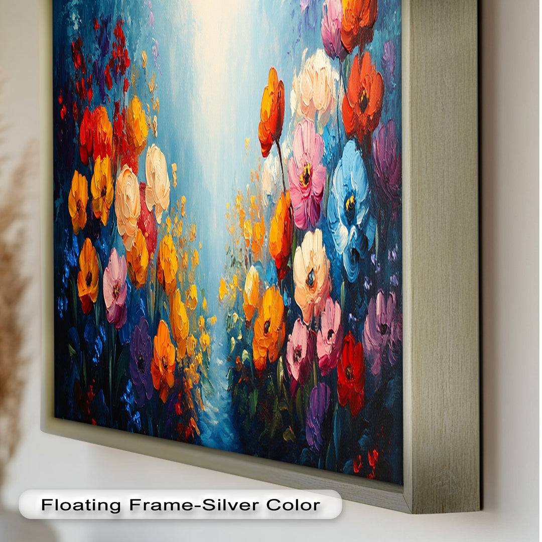 Multicolor Blossoms in Blue Radiance - Flower Oil Painting