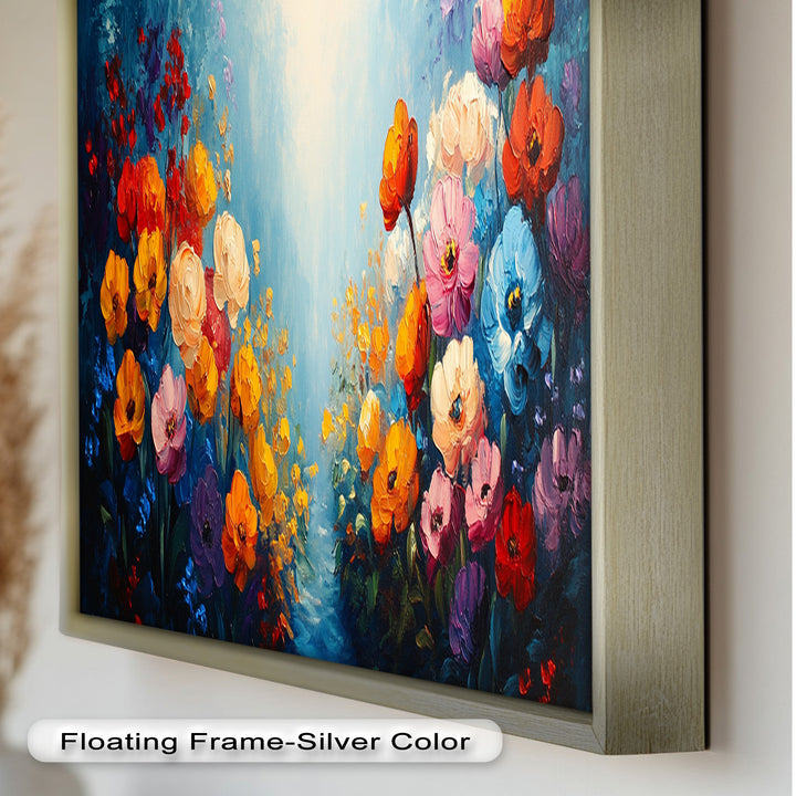 Multicolor Blossoms in Blue Radiance - Flower Oil Painting