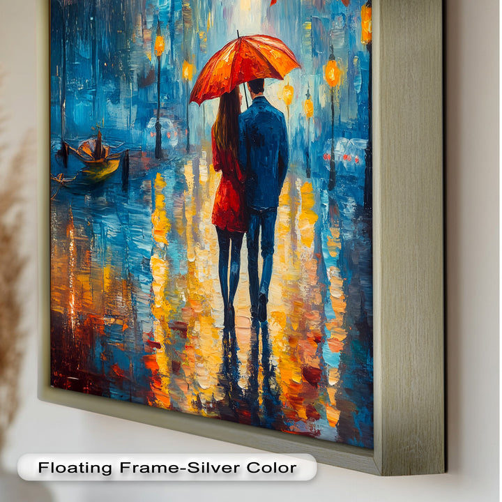 Romantic Couple Strolling Under Red Umbrella - Love Oil Painting