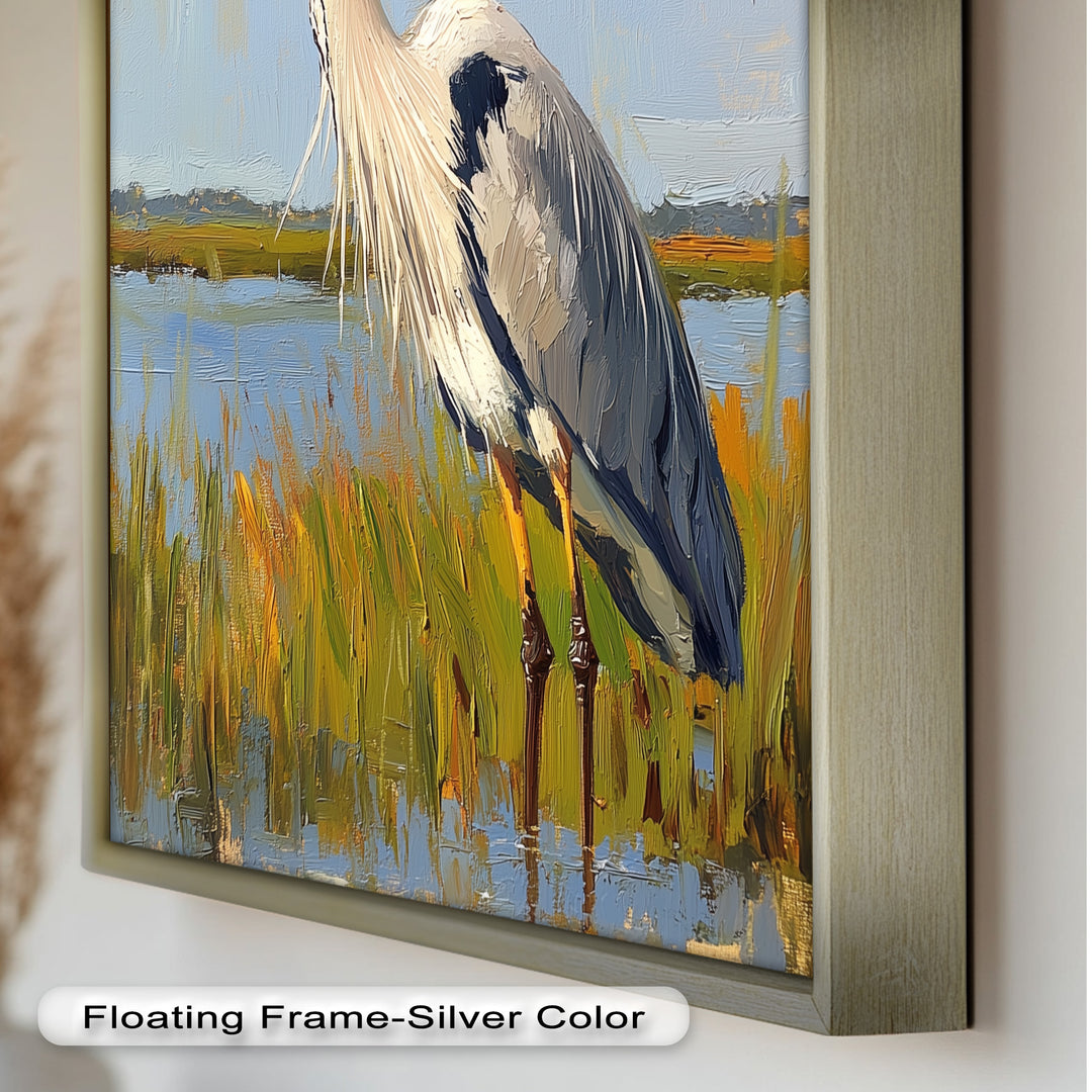 Heron in Sunlit Wetlands - Animal Oil Painting
